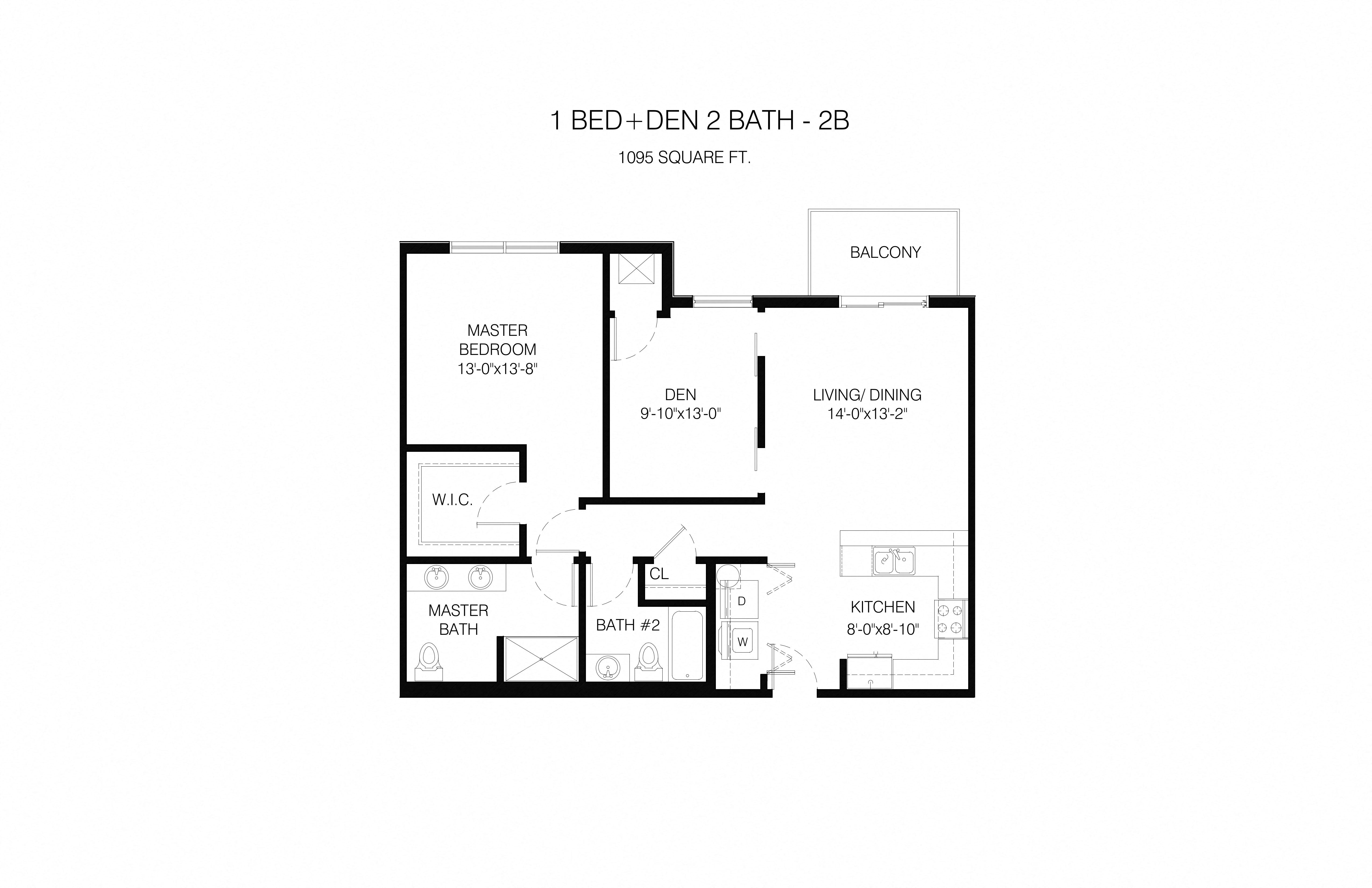 Floor plan for 1 bed, 2 baths, 1095 sqft